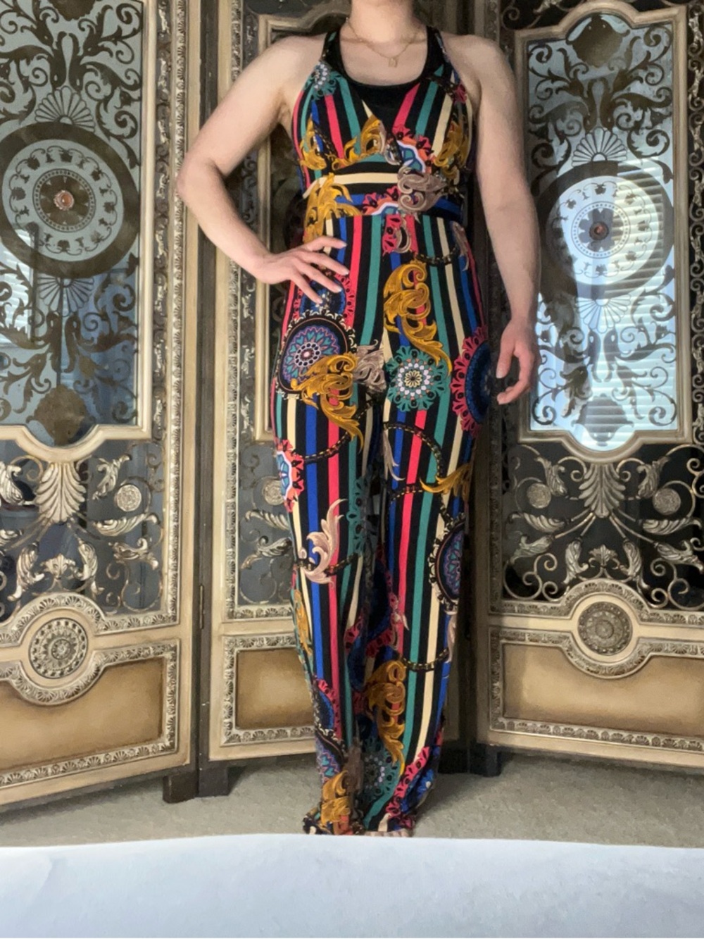 privy Multicolor Striped & Baroque Halter Jumpsuit